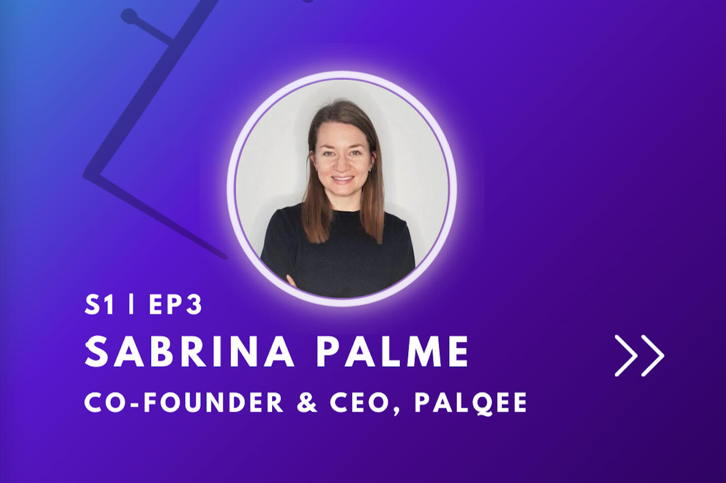 guest sabrina palme. ceo of palqee on purple gradient background.